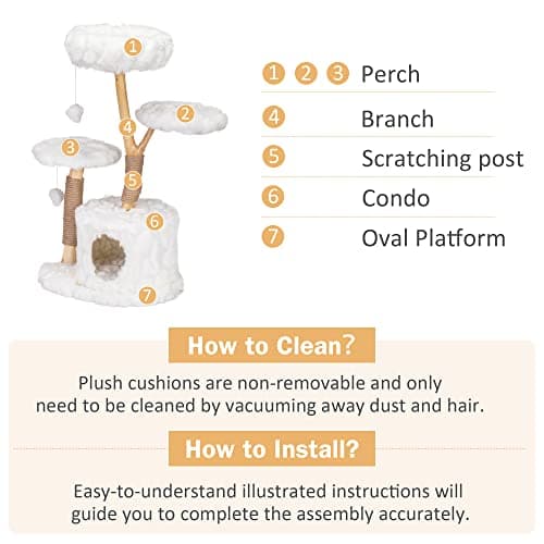 COZIVVOVV Cloud Cat Tree Aesthetic, Natural Wood Branch Cat Tree Tower with Large Condo, Soft Perches, Kitten Scratching Posts, Cat-Approved Modern Luxury Cat Tower, White 5