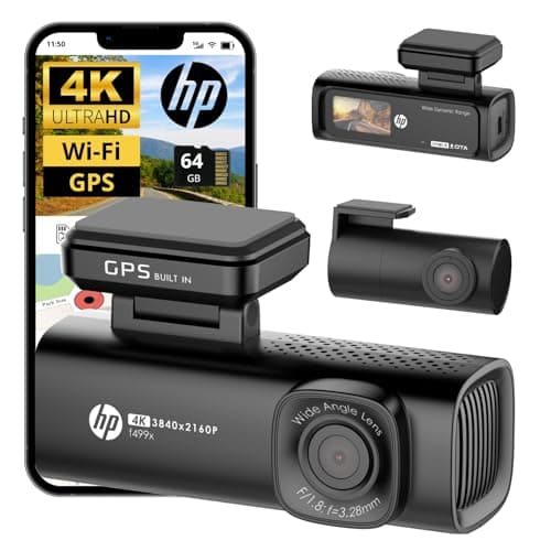 HP 4K+1080P Dash Cam, Front and Rear Dash Camera for Cars, 1.5" LCD Screen, 64GB Card, Night Vision with WDR, Support Parking Mode, GPS Tracking, G-Sensor Accident Recording, Model f499x