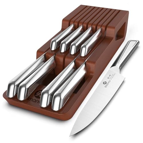 imarku Knife Set, 10 PCS Japanese Stainless Steel Knife Block Set, Kitchen Knife Sets with Wooden Drawer Organizer, Drawer Knife Set,Dishwasher Safe, Ultra Sharp Chef Knife, Gifts for Women Men