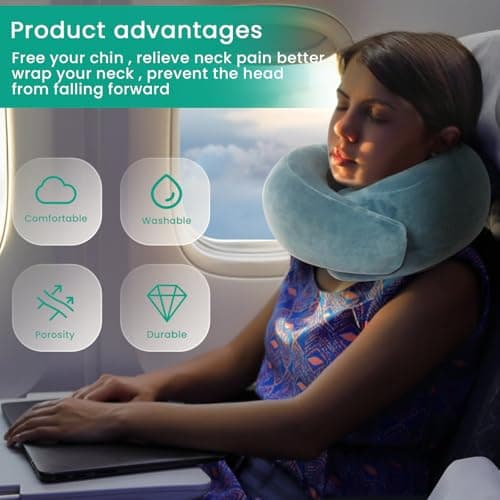 Badink®Memory Foam Neck Travel Pillow, Neck Pillow Airplane with MagicStrap – Adjustable Ergonomic Travel Pillow for Office/Airplane/Car, Washable Cover, Portable Travel Essentials (Peacock Blue) 6