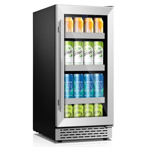VINECOLD 15 Inch Beverage Refrigerator,130 Cans Under Counter Beverage Fridge with Glass Door for Soda Beer Water, Freestanding Reversible Door Beverage Cooler Refrigerator for Home&Kitchen