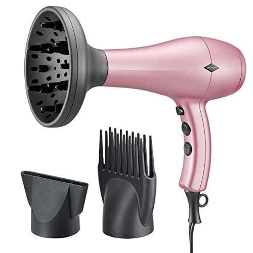 NITION Negative Ions Ceramic Hair Dryer with Diffuser (Large Size 5.3 inch) Attachment,Ionic Blow Dryer Quick Drying,1875 Watt 2 Speed / 3 Heat Settings,Cool Shot Button,Lightweight,Rose Pink