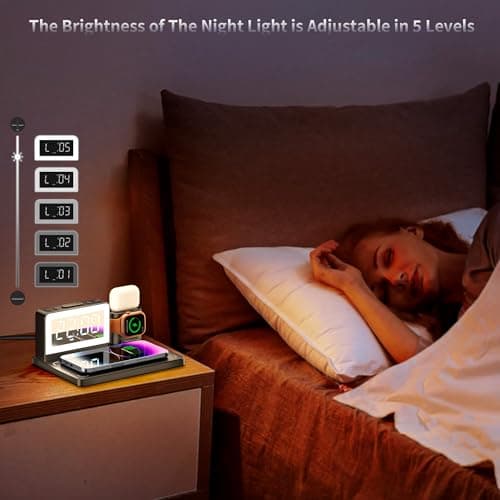 YEAPOWER Wireless Fast Charging Station - 7 in 1 Alarm Clock with Wireless Charger Stand - Charging Dock for Apple,for Samsung Galaxy Multiple Devices - for iPhone Watch,for Airpods (Black) 5