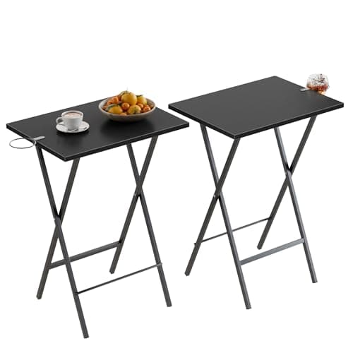 VECELO Folding TV Tray for Eating Set of 2, Portable Dinner/Snack Table with Cup Holder for Couch, Living Room and Small Space, Black