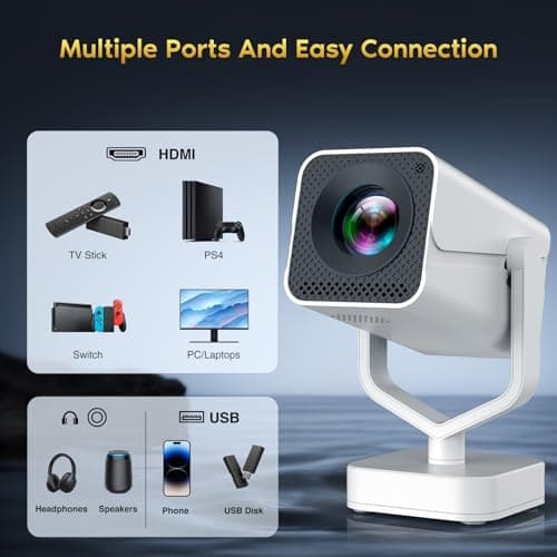 Mini Portable Projector with WiFi 6 and Bluetooth 5.2 Android, 1080P 4K Support with Apps Built in, 200 ANSI Lumens, Auto Keystone, 270° Rotatable Outdoor Wireless Projector Compatible with HDMI/Phone 9