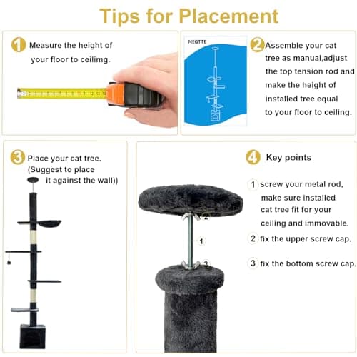 NEGTTE Cat Tree Floor to Ceiling Cat Tower with Adjustable Height, Cat Climbing Activity Center with Cozy Condo& Hammock, Platforms and Dangling Balls for Indoor Cats (Dark Gray,007) 7
