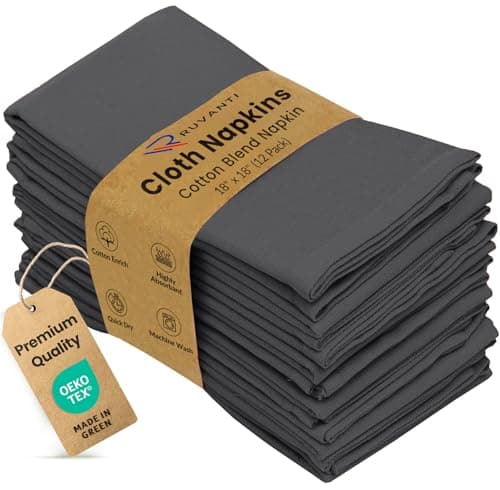 Ruvanti Cloth Napkins Set of 12, 18x18 Inches Napkins Cloth Washable, Soft, Durable, Absorbent, Cotton Blend. Table Dinner Napkins Cloth for Hotel, Lunch, Restaurant, Weddings, Parties - Dark Grey