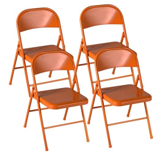 VECELO Metal Folding Chairs 4 Pack, Double Hinged Steel Frame Easy Foldable&Stackable for Office Kitchen Dinning Wedding Patio and Garden,Orange,Set of 4