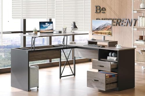 Bestier L Shaped Standing Desk with Lift Top, 55"x55" Standing Corner Desk for Home Office, Computer Desk with Reversible File Drawer and Monitor Stand, Grey Wash