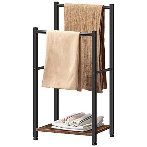 HOOBRO Free Standing Towel Rack for Bathroom, 2 Tier Blanket Rack, 16.5" L x 9.4" W x 31.5" H, Blanket Holder, Drying and Display Rack with Shelf, Rustic Brown and Black BF02LB01 9
