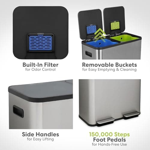 Simpli-Magic 80 Liter / 21 Gallon Rectangular Hands-Free Dual Compartment Recycling Kitchen Step Trash Can with Soft-Close Single Lid, Stainless Steel (40L x 40 L Capacity) Stainless Steel Finish 6