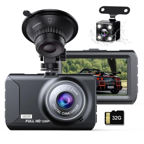 Generic Dash Cam Front and Rear Car Cameras, 1296P Full HD, 170 Wide-Angle, 3.0" LCD Display, Infrared Night Vision, Loop Recording, 32GB SD Card, Touch Control, Front and Rear Mount