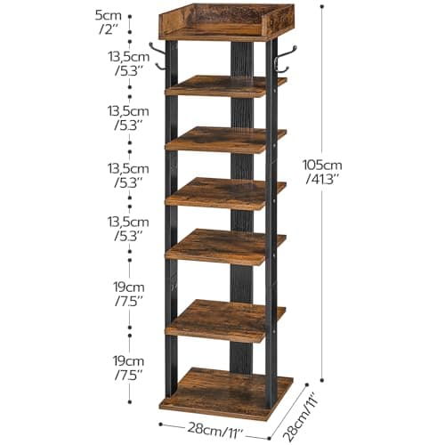 HOOBRO Vertical Shoe Rack for Front Door Entryway, 7 Tier Wooden Shoe Storage Organizer with Hooks, Narrow Shoe Tower for 7 Pairs, Space Saving, for Corner, Closet, Bedroom, Rustic Brown BF61XJ01 7