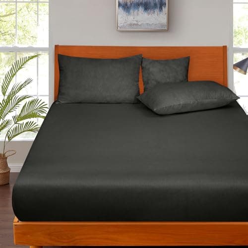 ROYALE LINENS 300 Thread Count 100% Long Staple Combed Cotton Fitted Sheet Full - Super Soft Deep Pocket Bottom Sheet - Fitted Sheets Only - Elastic Sheets (Full, Black) 5