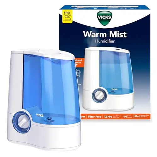 Vicks Warm Mist Humidifier Filter‑Free 1 Gal Tank, Auto Shut‑Off, Night Light, VapoPad and VapoSteam Compatible