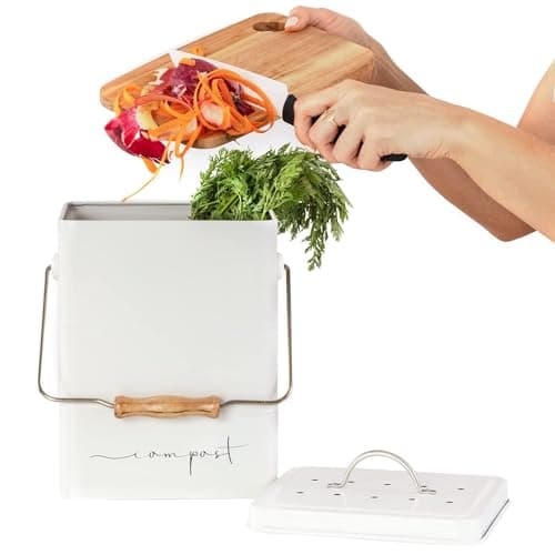 Compost Bin for Kitchen - Farmhouse Countertop Composting Container - 1.7 Gallon Carbon Steel Pail for Food Scraps - Metal Bucket with Lid, Wooden Handle & Charcoal Filter