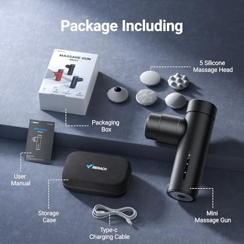 MERACH Mini Massage Gun with 8mm Amplitude, Percussion Massage Tools with 5 Massage Heads, Portable Hand Held Muscle Massagers for Pain Relief Deep Tissue, Cool Gifts for Mens and Women (Black) 7