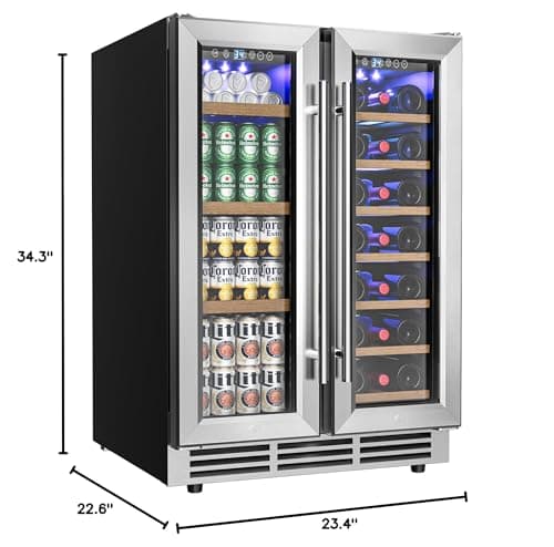 EUHOMY Wine and Beverage Refrigerator, 24 Inch Dual Zone Wine Cooler with Glass Door Hold 21 Bottles and 88 Cans, Built in or Under Counter Wine Fridge with Blue LED Light 10