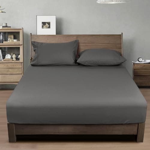 PHF 100% Garment Washed Cotton Fitted Sheet Full Size - Cozy Cloud Soft Linen Like Bottom Sheet Only with Elastic Deep Pockets, Easy Fit Breathable Warm not Shrink,54"x 75",Dark Grey, No Pillowcase