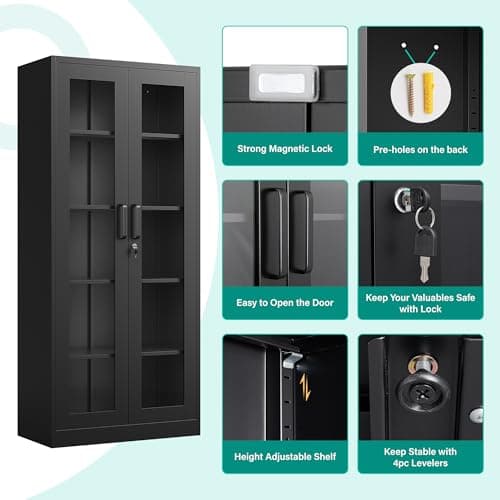 SISESOL Metal Storage Cabinet with Lock and Glass Doors,Glass Display Cabinet,67" Tall Black Storage Cabinets,Locking Curio Cabinets with 5 Shelves for Collectibles,Home,Office,Living Room 5