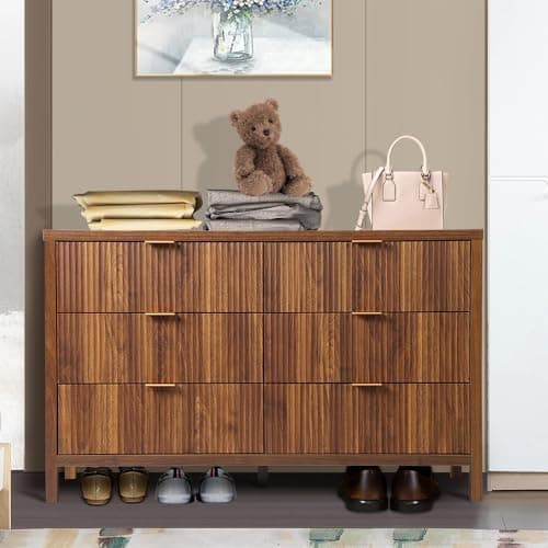 6 Drawer Dresser Cabinet, Long Nightstand with Drawers and Storage Cabinet, Farmhouse Solid Wood Dresser TV Stand, Mid Century Modern Nightstand with 6 Drawer Side Table for Bedroom Closet (Walnut) 7