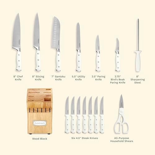 Cuisinart 15-Piece Knife Set with Block, High Carbon Stainless Steel, Forged Triple Rivet, White, C77WTR-15P 5