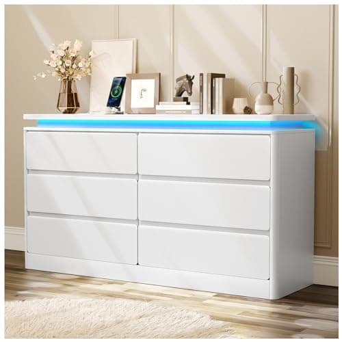 Loomie Upgraded 6 Drawer White Dresser for Bedroom, 47.2" Long Chest of Drawers with Charging Station & LED Lights, Wooden Storage Cabinet Dresser for Closet,Modern TV Stand with Deep Drawers