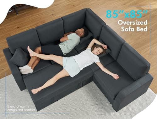 VanAcc Sofa Bed, 85 Inch Sleeper Couch with Storage Seat, L Shaped Sofa with Pull Out Sofa Bed, Sectional Couches for Living Room Apartment, Grey Linen Couch Sofa 6