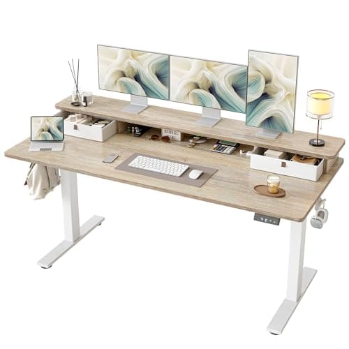 TIQLAB Standing Desk with Two Drawers, Stand Up Standing Desk Adjustable Height, Electric Sit Stand Table with Storage Shelf and Splice Board, 63 * 24 inch, Maple