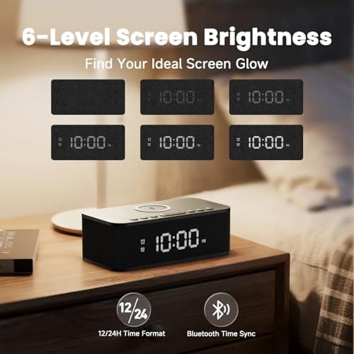 Fansbe Direct Digital Alarm Clock White Noise, Loud Digital Alarm Clocks Bedrooms, Alarm Clock Speaker Wireless Charger AUX USB Bluetooth Speaker 12/24H Dual Alarm Snooze Adjustable Brightness, Black 7