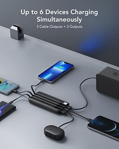 charmast Portable Charger with Built in Cables, Power Bank with Cords Wires, Slim 10000mAh Travel Battery Pack 6 Outputs 3 Inputs 3A Fast Charging for Samsung Google Pixel LG Moto iPhone iPad 6