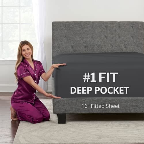 DeaLuxe California King Fitted Sheet Deep Pocket - Real 16in Fit Perfectly 14in-18in Deep Mattress & Toppers - Cal King Sheets Deep Pocket Fitted 1 Piece Bottom Fitted Bed Sheets Dark Grey