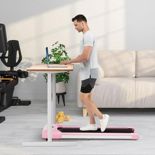 GYMAX Walking Pad, 2.25HP Under Desk Treadmill with LED Display, Remote Control & 7-Layer Belt, Compact Portable Jogging Running Machine for Home Office Small Space (Pink) 9