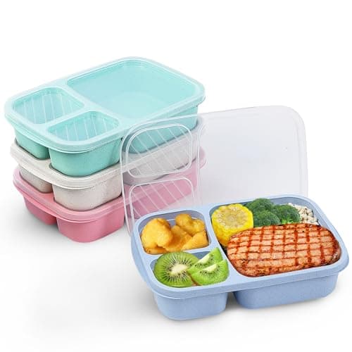 SIPOMU Bento Lunch Box, 3 Compartment Food Container Lunch Box Meal Prep Containers Wheat Straw Lunchbox Containers with Compartments Lids Microwave Safe Storage Boxes, Pack of 4
