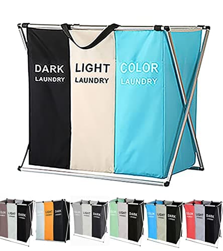 YYYC, Laundry Cloth Hamper Sorter Basket Bin Foldable 3 Sections with Aluminum Frame 26InIn×24InInH Washing Storage Dirty Clothes Bag (3 Liner, Black + white + sky blue)