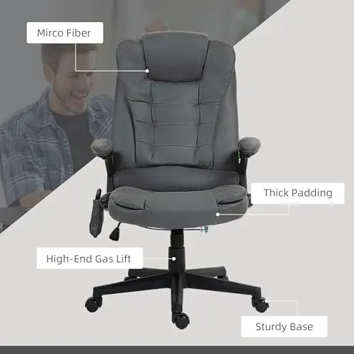 HOMCOM 6 Point Vibrating Massage Office Chair with Heat, Microfiber High Back Executive Office Chair with Reclining Backrest, Padded Armrests and Remote, Dark Gray 9