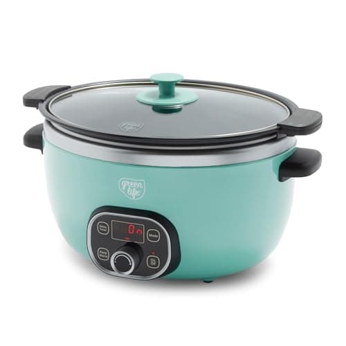 GreenLife 6QT Ceramic Slow Cooker, PFAS-Free, Programmable, Removable Healthy Nonstick Pot for Family Meals, Sear on Stovetop, Keep Warm, Digital Timer, Dishwasher Safe Crock, Turquoise