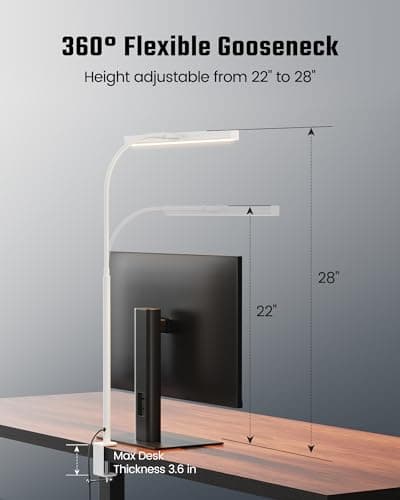 SUPERDANNY LED Desk Lamp for Home Office, Eye-Caring Desk Light with Adjustable Gooseneck, 12W Touch Control Dimmable Brightness, Architect Clamp Lamp with USB Adapter, White 7