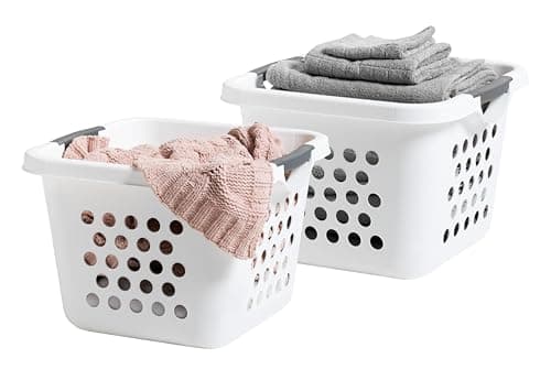 IRIS USA 30L Plastic Laundry Basket Hamper Organizer with Built-In Comfort Carry Handles, 2 Pack, Clothes Hamper, Laundry Hamper for Dorm Laundry Room Bedroom, Nestable, Ventilation Holes, White
