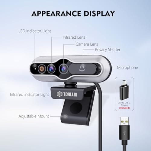 TOALLIN 2K QHD Webcam with Windows Hello, Facial Recognition Web Camera, 5 Million Pixels, Auto-Focus Computer Camera, USB Webcam with Microphone & Privacy Shutter 7