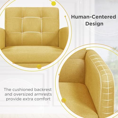 Yaheetech Mid-Century Accent Chairs, Modern Upholstered Living Room Chair, Cozy Armchair Button Tufted Back and Wood Legs for Bedroom/Office/Cafe, Yellow 7