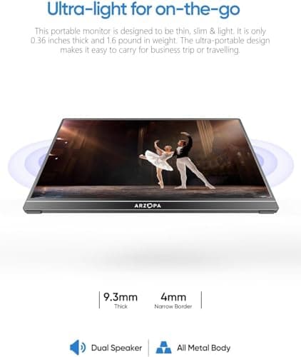 ARZOPA Portable Monitor 15.6'' FHD 1080P - Ultra-Slim Portable Laptop Monitor with Kickstand - IPS Display for PC, MAC, Phone, Xbox, PS5 - USB C & HDMI Connectivity - A1 7