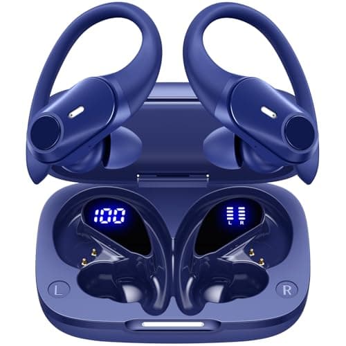 GOLREX Active Noise Cancelling Ear Buds Wireless Earbuds Bluetooth Headphones with 80H Playtime LED Display Wireless Charging Case, Over-Ear Hooks Earbud for Sports Running Gym Workout Blue