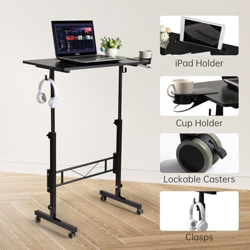 SIDUCAL Portable Standing Desk Adjustable Height, Mobile Stand Up Desk with Wheels, Small Computer Desk for Walking Pad, Rolling Desk for Standing or Sitting, Black 6