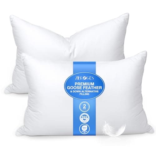 zibroges Feather Pillows Queen Size Set of 2 - Goose Down Hotel Bed Pillow for Sleeping, Soft 600 Thread Count Cotton Cover, Fluffy Support Surround Fill Polyester for Side, Back and Stomach Sleepers