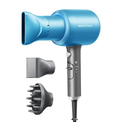 Wavytalk Hair Dryer with Diffuser, Blown Away Ionic Hair Dryer for Curly Hair with Comb, 1875W Fast Drying Blow Dryer with Ceramic Technology, 3 Attachments for All Hair Types, Light and Quiet, Blue