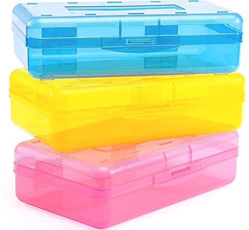 Sooez 3 Pack Pencil Case, Large Hard Pencil Box Bulk, Clear Crayon Box Marker Pen Organizer, Plastic Storage Container with Snap Lid, Art Craft Organizer Back to School Supplies, Colorful