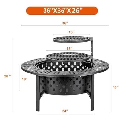 OutVue 36 Inch Fire Pit with 2 Grills, Wood Burning Fire Pits for Outside with Lid, Poker and Round Waterproof Cover, BBQ& Outdoor Firepit & Round Metal Table 3 in 1 for Patio, Picnic, Party 5