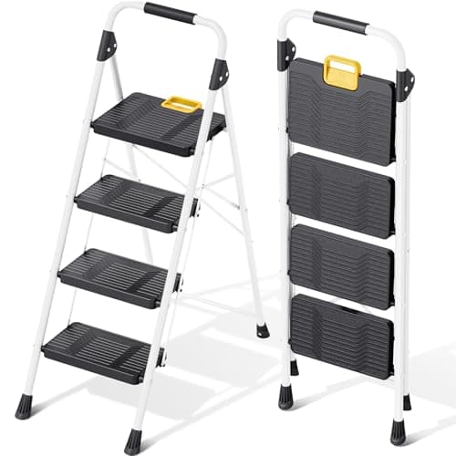 KINGRACK 4 Step Folding Ladder, 800lbs Capacity Step Stool with Safety Lock, Non-Skid Wide Pedals, and Handrail, Lightweight, Household Ladder for Home, Kitchen, Pantry, Closets, and Office Use, White
