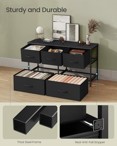 SONGMICS Dresser for Bedroom, Chest of Drawers, Steel, MDF, 5 Non-Woven Fabric Drawers, Storage Organizer Unit, Closet, Entryway, Ink Black and Ebony Black ULGS322B01S 6
